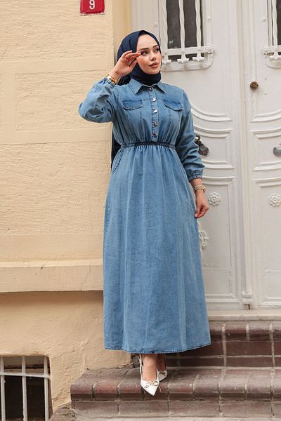 N.S NEVA STYLE Μπλε Hijab Τζιν Φόρεμα με λεπτομέρεια τσέπης 717M