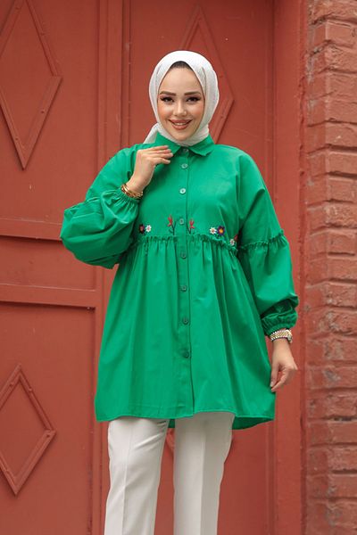N.S NEVA STYLE Embroidery Patterned Light Green Hijab Tunic 40603Ay