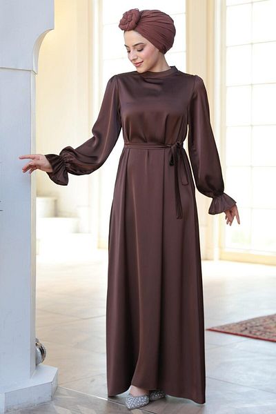 N.S NEVA STYLE Satin Brown Hijab Dress 62132Kh