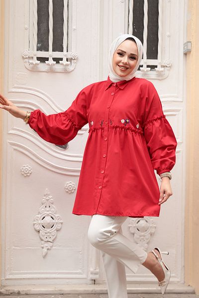 N.S NEVA STYLE Embroidery Patterned Red Hijab Tunic 40603K