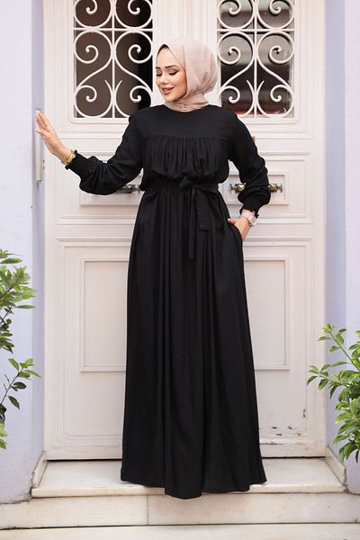 N.S NEVA STYLE Μαύρο Φόρεμα Χιτζάμπ με Ζώνη 23841S