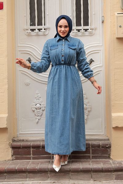 N.S NEVA STYLE Μπλε Hijab Τζιν Φόρεμα με λεπτομέρεια τσέπης 717M