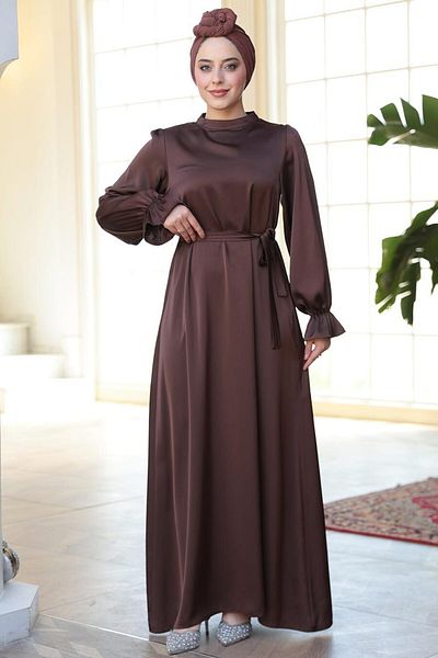 N.S NEVA STYLE Satin Brown Hijab Dress 62132Kh