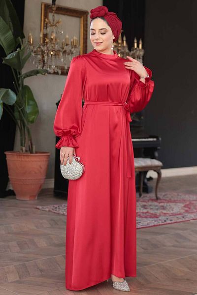 N.S NEVA STYLE Σατέν Κόκκινο Φόρεμα Hijab 62132K