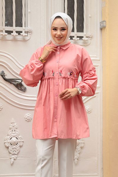 N.S NEVA STYLE Embroidery Patterned Salmon Hijab Tunic 40603Smn