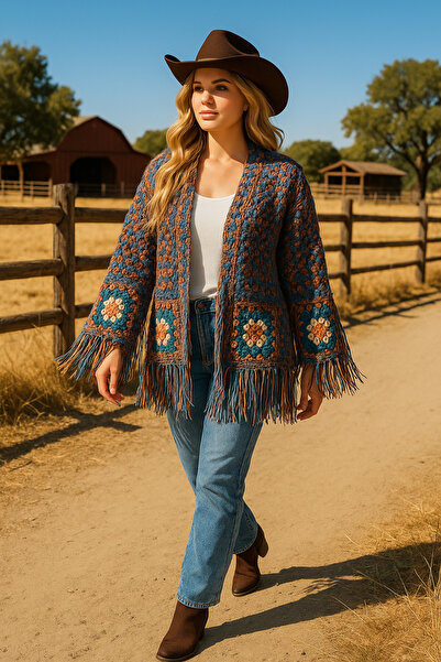drt tasarım Tasseled Western Country Ranchos Cardigan and Hat Set