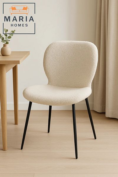 MARIA HOMES Cream Bouclé Fabric Dining Chair – Cozy Curved Seat with Black Metal Legs for Modern Home or Office