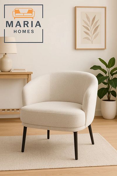 MARIA HOMES Beige Fabric Accent Chair – Modern Curved Armchair with Cushioned Seat and Sturdy Black Legs