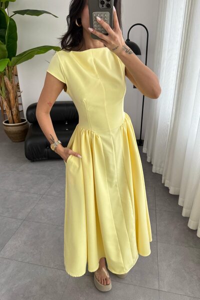 Narstorm Belden Oturtmalı Balon Elbise Sarı