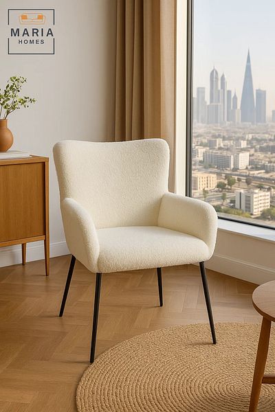 MARIA HOMES White Bouclé High Back Armchair – Modern Upholstered Chair with Black Legs for Living Room or Office