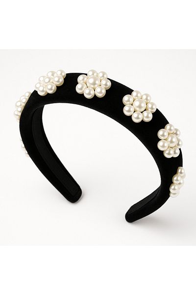 Özlem Black Women's Velvet Hair Accessory Crown with Light Curved Large Pearl