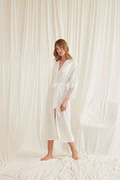 MONAMİSE Women'S, Lace and Belted, Ecru Dressing Gown