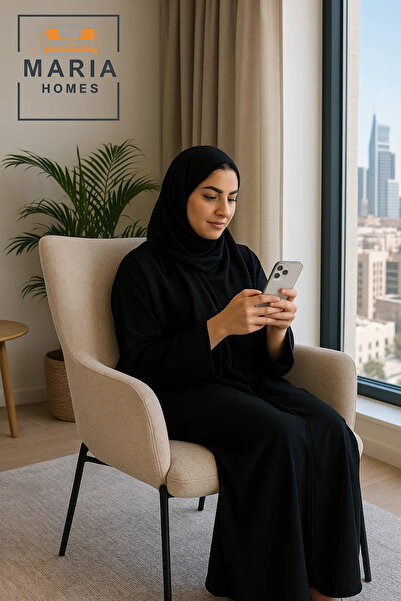 MARIA HOMES Beige High Back Fabric Armchair – Upholstered Lounge Chair with Black Metal Legs for Home or Office