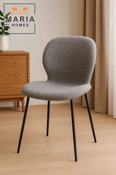 MARIA HOMES Grey Bouclé Fabric Dining Chair – Cozy Upholstered Seat with Black Metal Legs for Home or Office