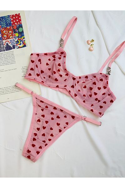 ROZENİN LINGERIE Комплект прашки без чашки с принт на сърце - Комплект бельо