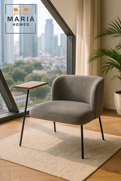 MARIA HOMES Wide Grey Fabric Lounge Chair – Modern Upholstered Armchair with Black Metal Legs for Home or Office