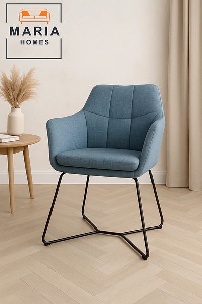MARIA HOMES Blue Fabric Lounge Chair – Upholstered Armchair with Sled Black Metal Legs for Home, Office, or Café