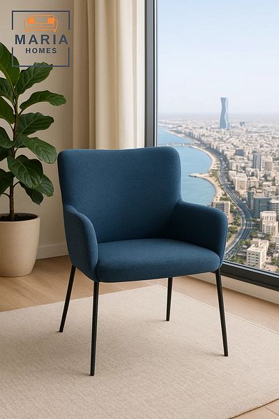 MARIA HOMES Blue High Back Fabric Armchair – Modern Upholstered Lounge Chair with Black Legs for Home or Office