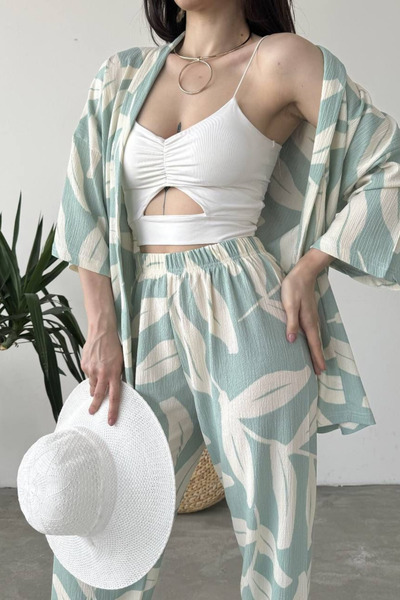 SYMPATHY Kadın Yeşil Yaprak Desenli Yazlık İkili Kimono Takım