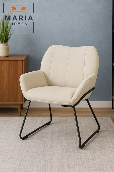 MARIA HOMES Cream Upholstered Lounge Chair – Wide Fabric Armchair with Sled Metal Legs for Home or Office Use