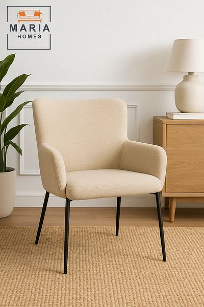 MARIA HOMES Beige High Back Fabric Armchair – Upholstered Lounge Chair with Black Metal Legs for Home or Office
