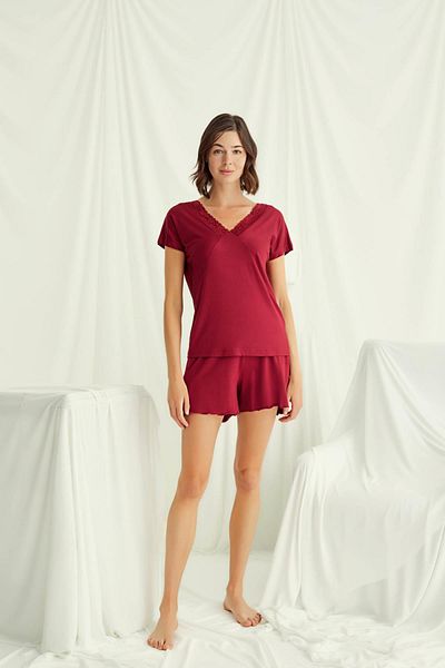 MONAMİSE Short Sleeve Lace V-Neck Shorts Set