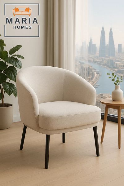 MARIA HOMES Beige Fabric Accent Chair – Modern Curved Armchair with Cushioned Seat and Sturdy Black Legs