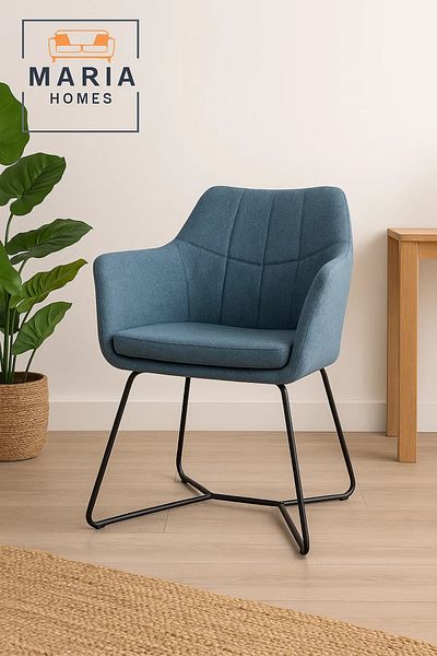 MARIA HOMES Blue Fabric Lounge Chair – Upholstered Armchair with Sled Black Metal Legs for Home, Office, or Café