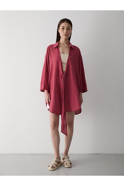 Laluvia Burgundy Flam Linen Kimono Shirt