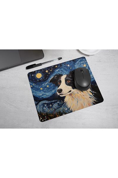 MS Major Selection Tampă de mouse Border Collie – Design de artă Starry Night (17,5x21,5 cm, bază anti-alunecare)