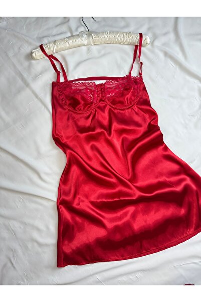 ROZENİN LINGERIE Sevgililer Günü Özel Kırmızı Saten Ayarlanabilir Askılı Dant...