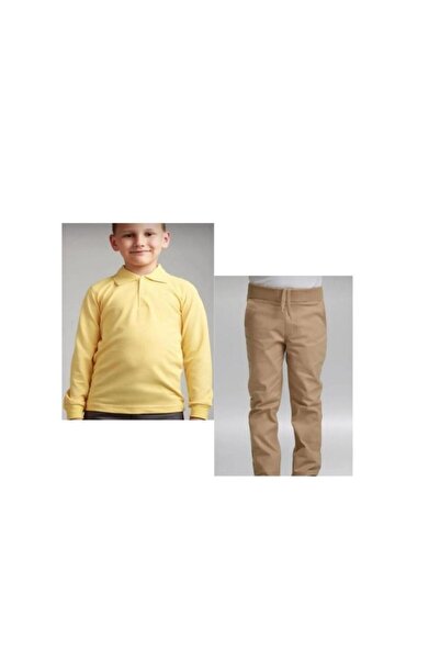 BAGİSTA BUTİK Girl-Boy Beige Ribbed Waist Canvas Pants Yellow Long Sleeve Polo Collar 100% Cotton Lakos