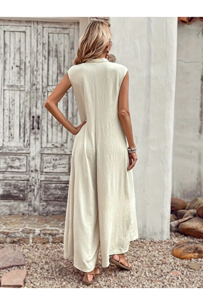 ALPACO Salopetă lungă pentru femei, cu mâneci scurte, cu nasturi în față, cu buzunare late, în jos - COLECȚIE