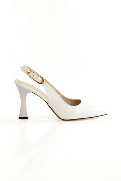 Ayakkabı Podyumum '' Azura'' White Skin Pointed Toe Back Open Big Buckle 9 cm Goblet Heel New Season