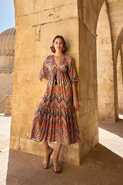 MONAMİSE Kadın Etnik Desenli Truvakar Kollu Elbise 23052