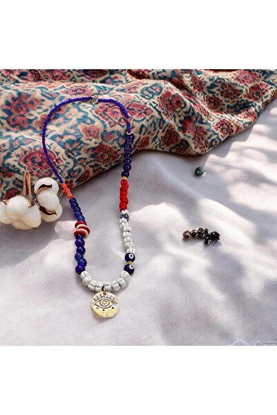 bizizmoda Bodrum Cam Boncuk El Yapımı Seramik Gold Göz Kolye Nazar Boncuk Mavi Kolye