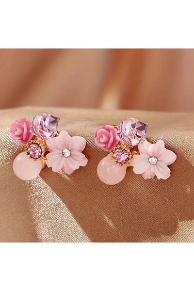 Yıldız Accessory Pink Flower Cube Detailed Earrings