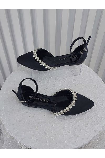 Almera's Shoes Black Satin Stone Detailed Ballerinas