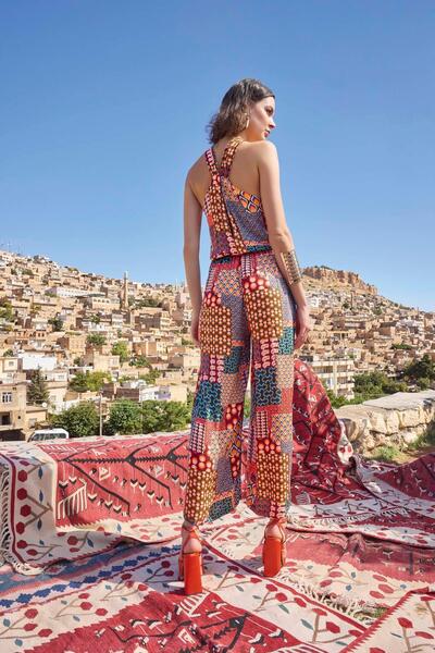 MONAMİSE Monamise Ethnic Patterned Satin Jumpsuit 23006