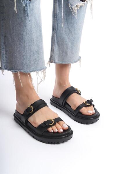 Liger Μαύρες γυναικείες παντόφλες - Διπλό λουράκι και αγκράφα