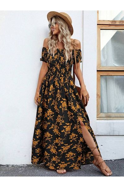 modaserdem Women's Short Sleeve Madonna Collar Slit Floral Patterned Single Jersey Dress