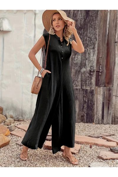 REKA MODA Women's Short Sleeve Front Buttoned to the Leg Wide Pocket Long Wrap Jumpsuit