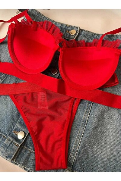 cappadocians Midye Model Saten Şeritli Dolgulu Sütyen Külot Takımı Kırmızı Bralet Ve Külot Takımı