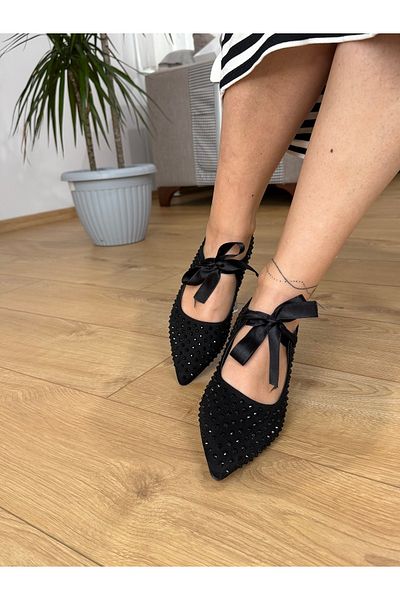BURCU COLLECTİON Faylinn Black Women's Flat Shoes with Pointed Toe Black Staple Stone Embroidered Bow Detail