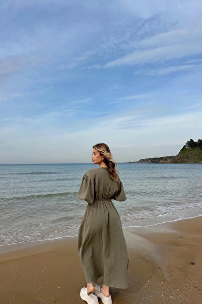 Lusin Kadın V Yaka Haki Müslin Kumaş Kısa Kol Elbise