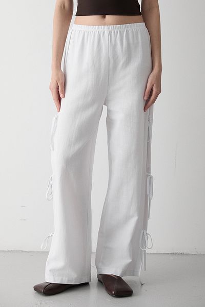 Laluvia White 100% Cotton Side Slit and Binding Detailed Trousers - 3528