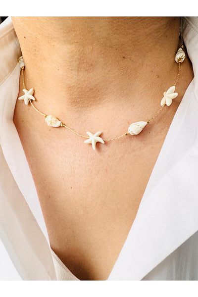 DEVİ fashion Seashell Summer Parachute Drawstring Necklace 43 cm