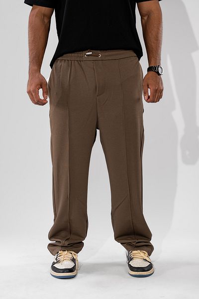 FLFXI Brown Straight Leg Pants with Elastic Waist and Tie
