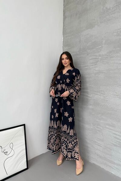 Mezka Çiçek Desenli Lacivert Uzun Kollu Elbise