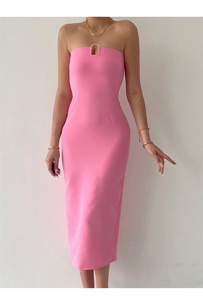 Julidress Pink Strapless Neckline Midi Dress with Gold Accessory Detail